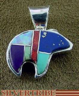 Silver Turquoise & Multicolor Inlay Bear Slide Pendant  