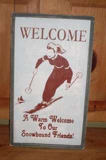 WELCOME FRIENDS Vintage Ski Sign made of Wood with frame 50s style 