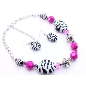 Punk Rock Zebra Print & Hot Pink Chunky Beads Necklace