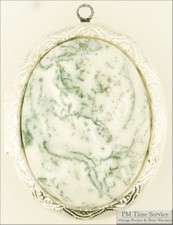 WBM lg. oval engraved locket, tree agate cabochon  
