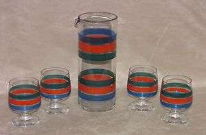   Vintage Glass Striped Pitcher Jug 4 matching Stemmed Glasses/Tumblers