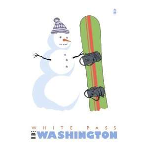 White Pass, Washington, Snowman with Snowboard Giclee Poster Print 
