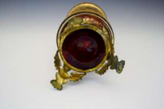 LARGE C1900 BOHEMIAN ART GLASS VASE DEEP RED & HEAVY ENAMELING BRONZE 