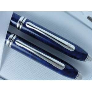   Blue Marble and Sterling Silver Gel Ink Rollerball Pen and Pencil Set